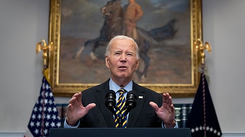 US President Joe Biden speaks in the Roosevelt Room at the White House in Washington, Friday, Jan. 10, 2025.
