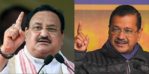 BJP national president JP Nadda (L), AAP national convenor Arvind Kejriwal (R).