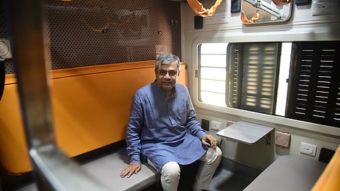 Union Minister of railways Ashwini Vaishnav inspects the vande Bharat train at ICF, in Chennai on Friday