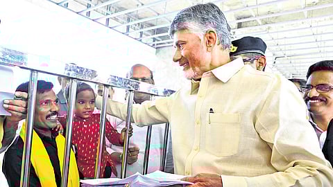 Chief Minister N Chandrababu Naidu receives grievances from the people at the TDP headquarters in Mangalagiri on Saturday