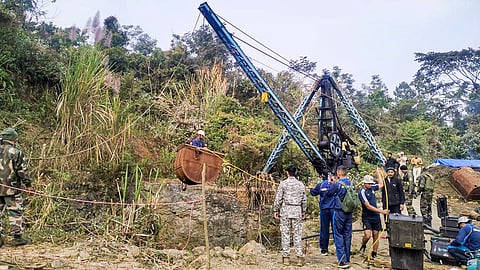 Rescue operation to save labourers trapped inside a coal mine, at Umrangso area, in Dima Hasao district, Assam on Jan. 9, 2025.