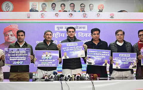 Congress leader Sachin Pilot with Delhi Congress President Devendra Yadav, Delhi In-charge Qazi Nizamuddin and others during the launch of 'Yuva Udaan Yojana'.