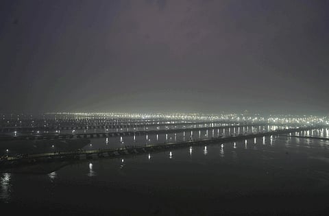 Drone shots of the Sangam area ahead of the Mahakumbh 2025 in Prayagraj, Sunday, Jan. 12, 2025.