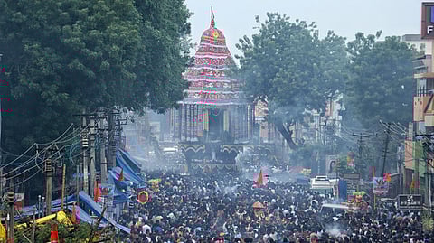 Devotees pulled the temple car of Shree Thillai Natarajar Temple during car festival at Chidambaram.