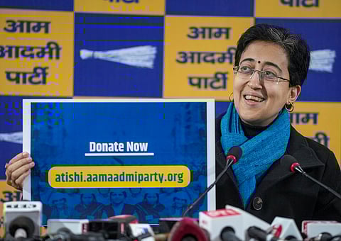 Delhi Chief Minister Atishi addresses a press conference, in New Delhi, Sunday, Jan. 12, 2025.