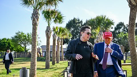 Elon Musk greets US President-elect Donald Trump as he arrives to attend a viewing of the launch of the SpaceX Starship rocket on November 19, 2024, in Brownsville, Texas.