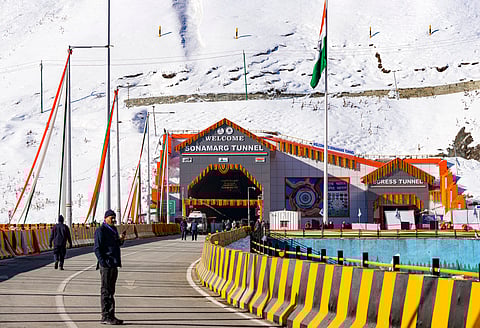 Security officials deployed near the Z-Morh tunnel ahead of its inauguration by Prime Minister Narendra Modi, in Ganderbal district, J&K, Monday, Jan. 13, 2025.
