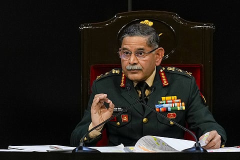 Chief of Army Staff General Upendra Dwivedi addresses the annual press conference, ahead of the 77th Army Day, in New Delhi, Monday, Jan. 13, 2025.