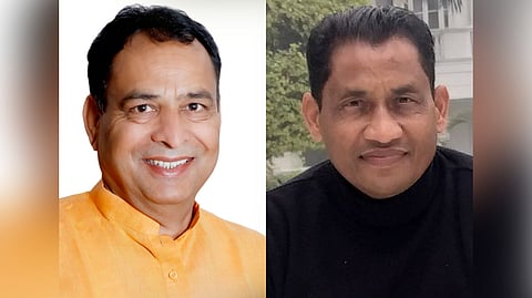 A collage of Haryana BJP President Mohan Lal Badoli (L) and singer Rocky Mittal (R).