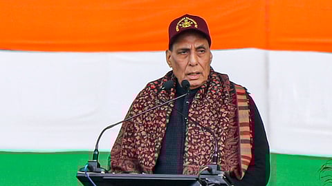 Defence Minister Rajnath Singh speaks during the Armed Forces Veterans' Day function, at Akhnoor, in Jammu district on Tuesday.