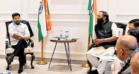 Chief Minister A Revanth Reddy and Irrigation Minister N Uttam Kumar Reddy at a review meeting on Irrigation in Delhi on Wednesday