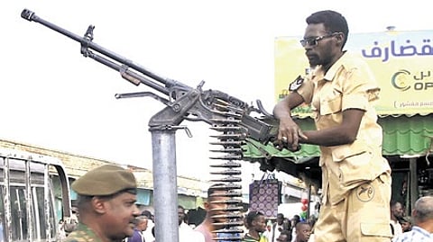 In this image from April 3, 2024, Sudanese security forces patrol in the capital city of Khartoum amid the ongoing civil war in Sudan.