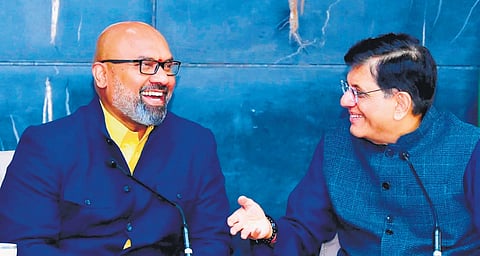 Union Minister for Commerce Piyush Goyal interacts with Nizamabad MP Arvind Dharmapuri during the inauguration of the National Turmeric Board in Delhi on Wednesday.