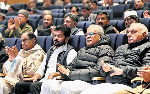 Chief Minister A Revanth Reddy seen along with senior Congress leaders at the inauguration of the AICC office building in New Delhi on Wednesday