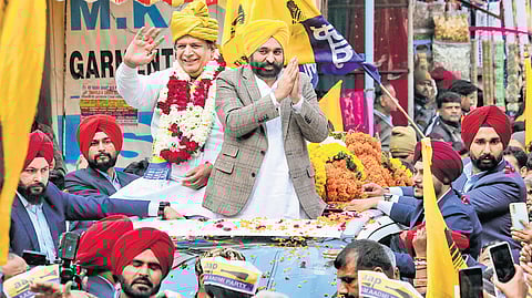 Punjab CM Bhagwant Mann during a rally in New Delhi on Thursday.