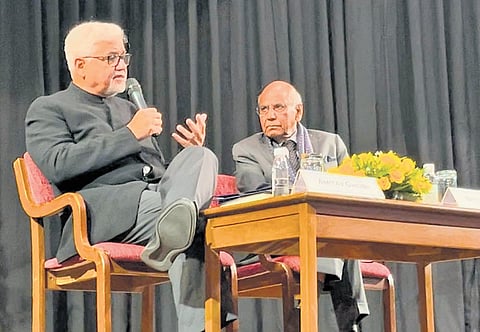 (L-R) Author Amitav Ghosh with former foreign secretary Shyam Saran