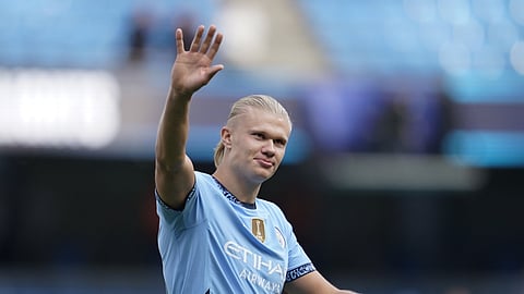 Manchester City's Erling Haaland waves fans after the English Premier League soccer match between Manchester City and Ipswich Town at the Etihad Stadium in Manchester, England, Aug. 24, 2024.