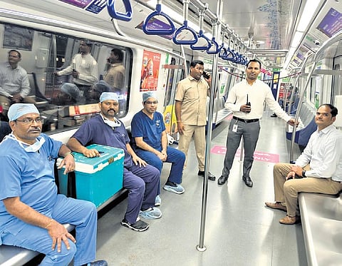 Medical professionals carry the heart of a donor from Kamineni Hospital, LB Nagar to Gleneagles Global Hospital at Lakdikapul on Friday