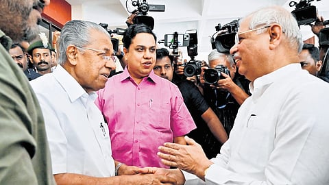 Chief Minister Pinarayi Vijayan and Speaker A N Shamseer receiving Governor Rajendra Vishwanath Arlekar when the latter arrived at the assembly on Friday to deliver his maiden policy address.