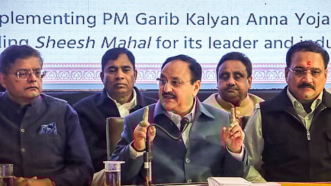 BJP National President JP Nadda with party leaders addresses the media during the launch of 'BJP Sankalp Patra Part-I' for Delhi Assembly elections, in New Delhi.