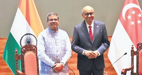 Dharmendra Pradhan meets Singapore President Tharman Shanmugaratnam in Bhubaneswar on Friday