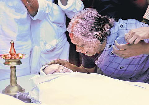 Usha’s sister Kumari breaks down when the bodies of Chendamangalam triple murder victims were kept for public homage on Friday.