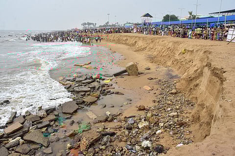 Continuously heavy soil erosion along the coast near the Tiruchendur Murugan Temple in Thoothukudi district.