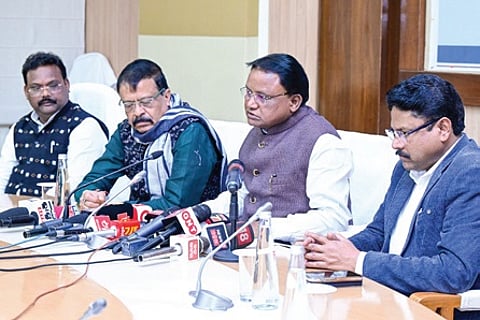 CM Mohan Charan Majhi and ministers addressing mediapersons on Saturday