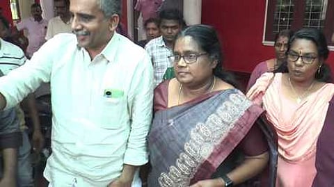 Kala Raju coming out from Congress office in Koothattukulam on Saturday