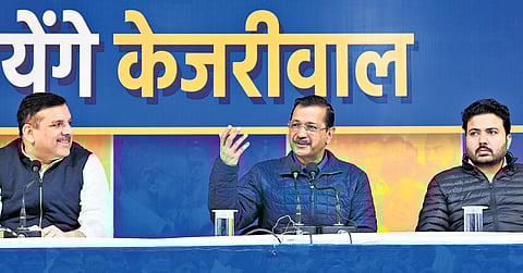 Former Delhi CM Arvind Kejriwal at the AAP headquarters in Delhi.