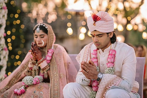 In this image posted by @Neeraj_chopra1 via X on Jan. 19, 2025, Olympic medalist Neeraj Chopra ties the knot with Himani.