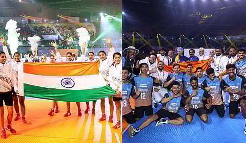 Indian women's team (L) and Indian men's team (R) after winning the Kho Kho World Cup over Nepal, in New Delhi, Sunday, Jan. 19, 2025.