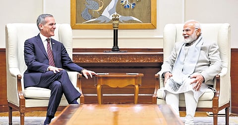 US Ambassador Eric Garcetti meets PM Narendra Modi in New Delhi on Sunday.