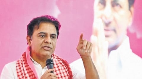 BRS working president KT Rama Rao addresses the gathering after unveiling the 2025 diary of party’s Karmika Vibhagam at Telangana Bhavan on Monday