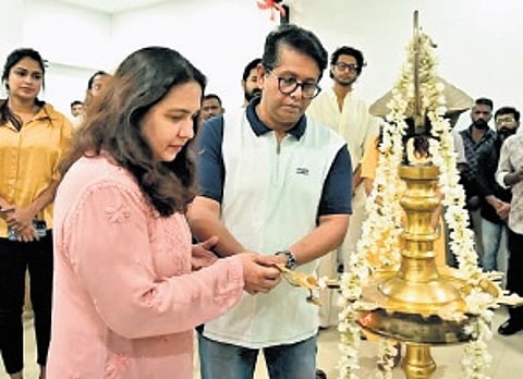 The pooja ceremony being held