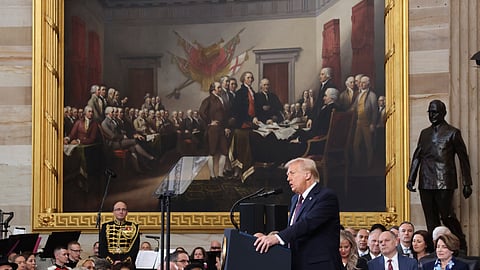 President Donald Trump speaks after taking the oath of office during the 60th Presidential Inauguration in the Rotunda of the U.S. Capitol in Washington, Monday, Jan. 20, 2025.