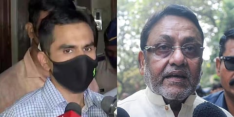 NCB zonal director Sameer Wankhede (L) and Maharashtra NCP minister Nawab Malik.