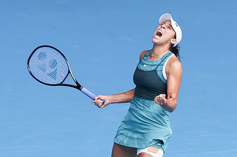USA's Madison Keys celebrates match point against Ukraine's Elina Svitolina during their women's singles quarter-final match on day eleven of the Australian Open tennis tournament in Melbourne on January 22, 2025.