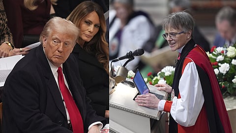 President Donald Trump, left, and first lady Melania Trump attend the national prayer service at the Washington National Cathedral (L),
Rev. Mariann Budde leads the national prayer service (R)