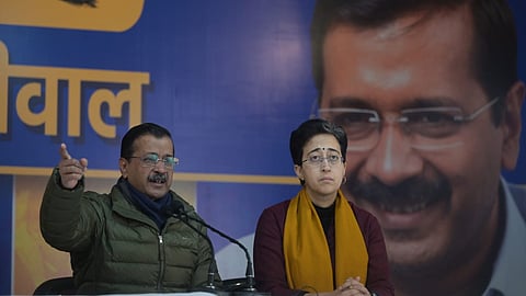 Delhi CM Atishi and Former CM Atishi addresses a press conference at party office in New Delhi on Wednesday.