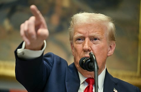 US President Donald Trump speaks in the Roosevelt Room at the White House on January 21, 2025, in Washington, DC.