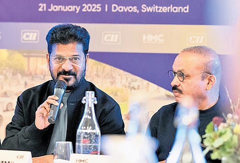 Chief Minister A Revanth Reddy speaks during a roundtable meeting on ‘Reimagining Urban Mobility’ at the World Economic Forum in Davos