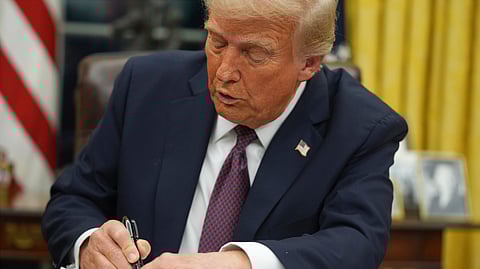 President Donald Trump signs an executive order on birthright citizenship in the Oval Office of the White House, Monday, Jan. 20, 2025, in Washington.