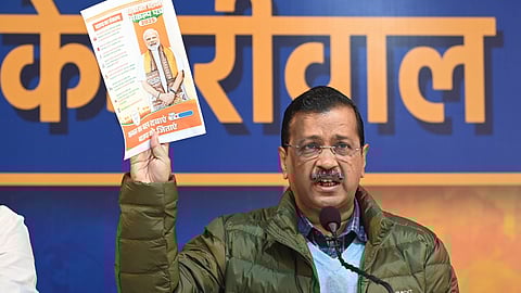 AAP national convener Arvind Kejriwal addresses a press conference, in New Delhi.