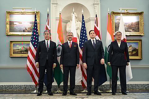 US Secretary of State Marco Rubio stands alongside Indo-Pacific Quad ministers, L-R, Japanese Foreign Minister Iwaya Takeshi, Indian Foreign Minister Subrahmanyam Jaishankar and Australian Foreign Minister Penny Wong.