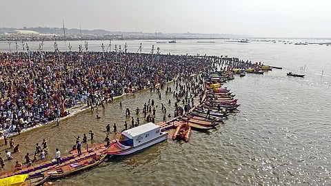 An aerial view of the devotees taking a dip at Triveni Sangam during the ongoing Maha Kumbh 2025, in Prayagraj, Jan 21. 2025.