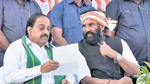Minister Uttam Kumar Reddy takes part in a meeting in Kodad on Thursday