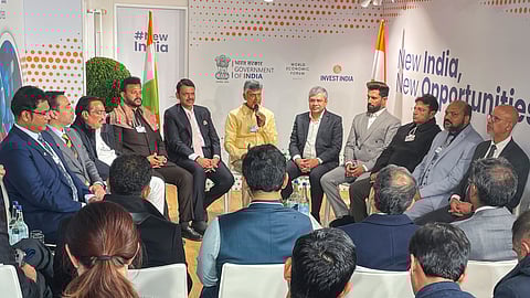 Union Ministers Ashwini Vaishnaw, K Rammohan Naidu, Chirag Paswan, and C R Patil with Andhra Pradesh Chief Minister N Chandrababu Naidu and Maharashtra Chief Minister Devendra Fadnavis during a press conference at the World Economic Forum 2025, in Davos, Switzerland, Thursday, Jan. 23, 2025.