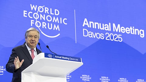 Antonio Guterres, Secretary-General of the United Nations, speaks during a plenary session in the Congress Hall during the 55th annual meeting of the World Economic Forum (WEF), in Davos, Switzerland, Wednesday, Jan. 22, 2025.