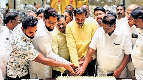 TDP State chief Palla Srinivasa Rao takes part in Nara Lokesh’s birthday celebrations on Thursday.